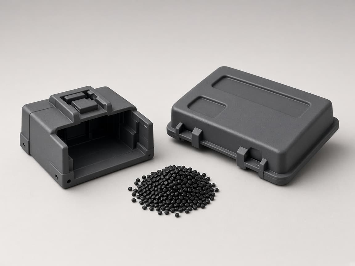Molded in inserts example: black EMI connector housing and gray enclosure lid