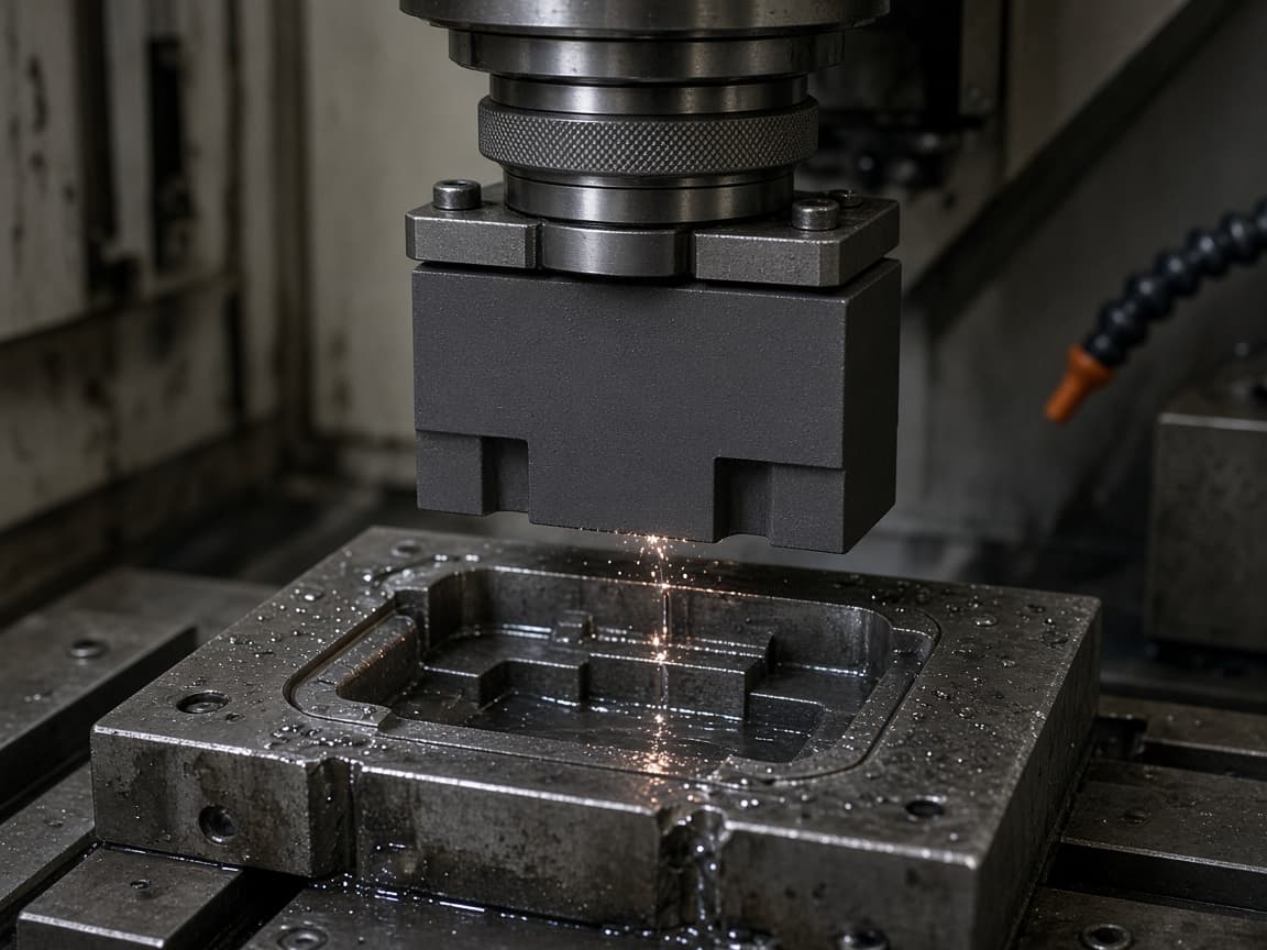 Graphite sinker EDM electrode aligned above mold cavity steel