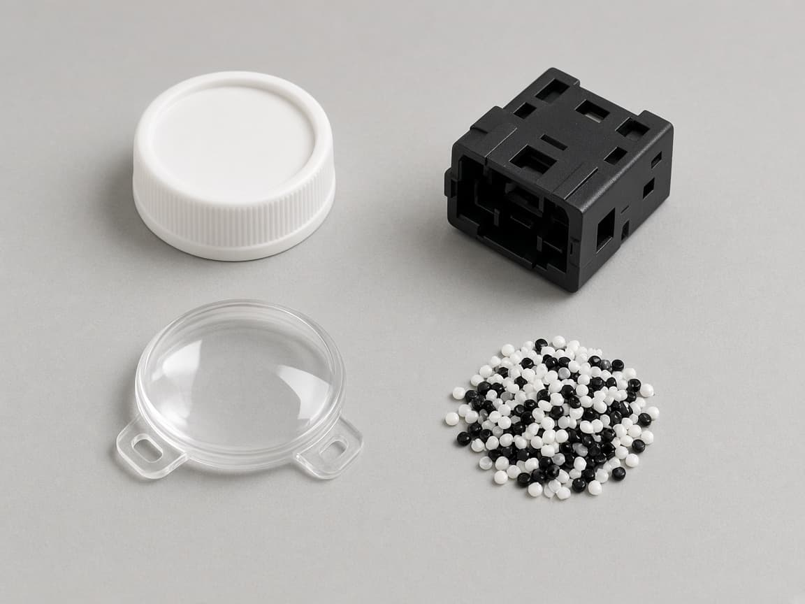Melt flow index plastic material examples: cap, connector, lens, and resin pellets