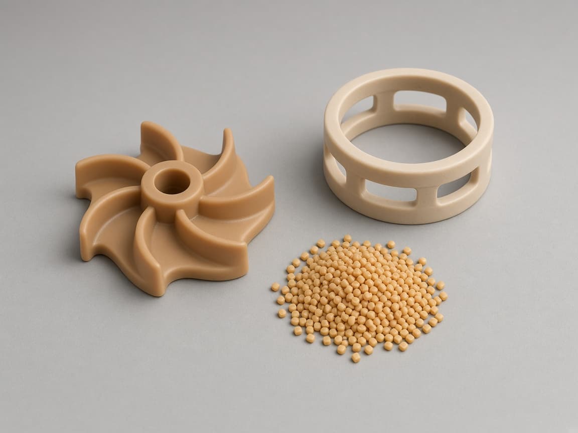 PEEK injection molded impeller and bearing cage with resin pellets