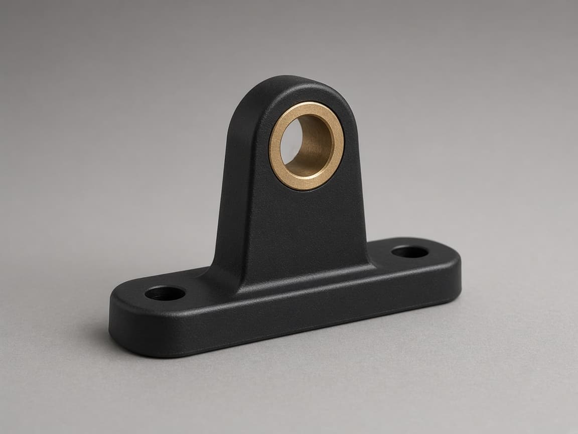Black injection molded bracket with a brass bushing molded through the upright boss