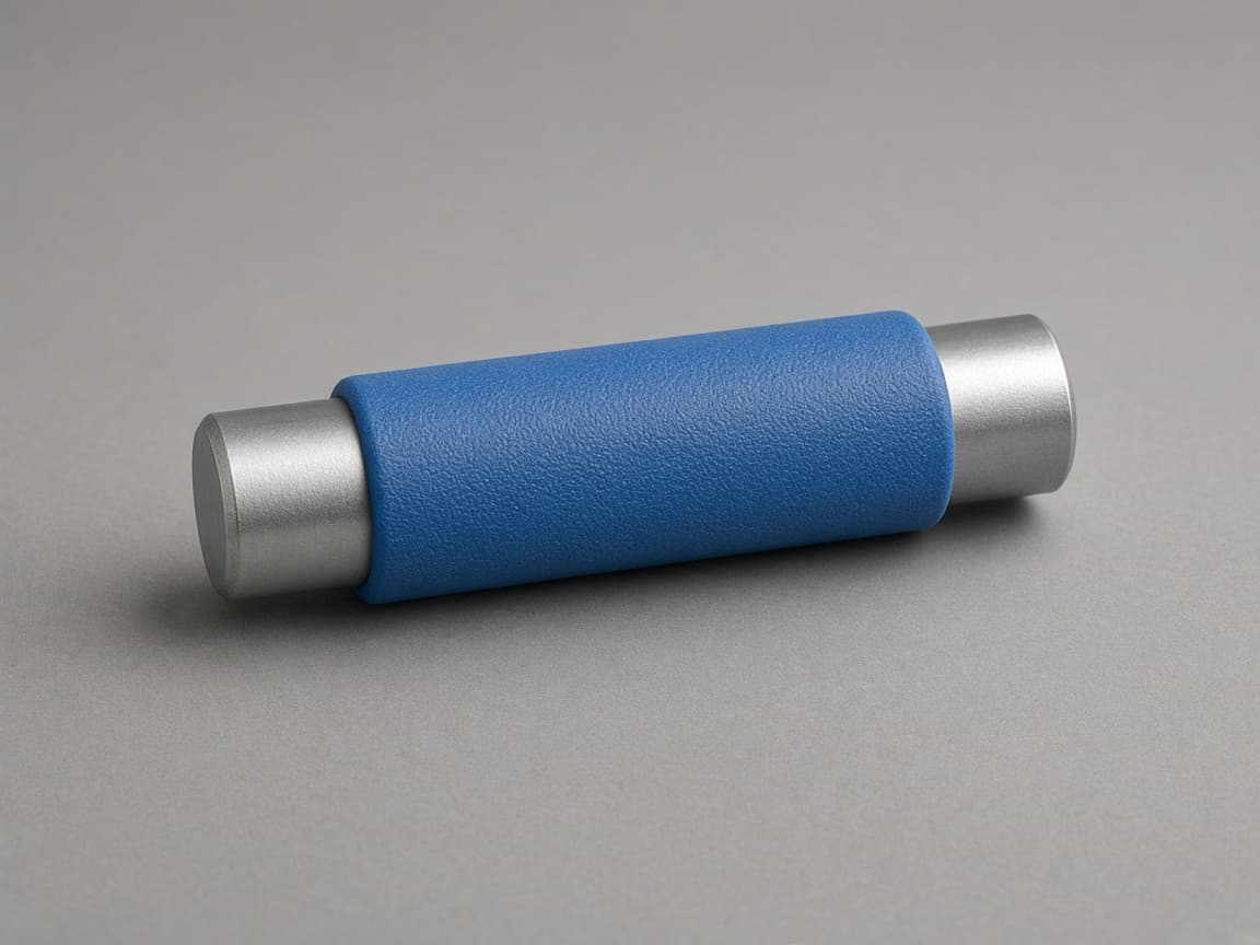 Overmolding plastic on metal: steel handle core with blue grip overmolded around the middle