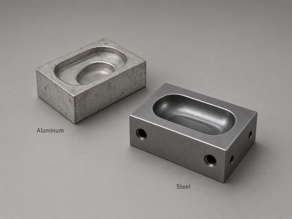 Soft tooling vs hardened steel: worn aluminum cavity compared with polished hardened steel mold cavity
