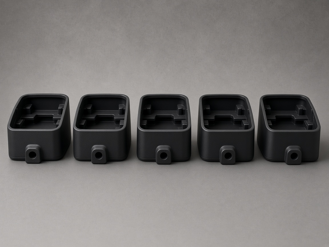 Batch of identical molded housings showing scalable injection production, gray studio.
