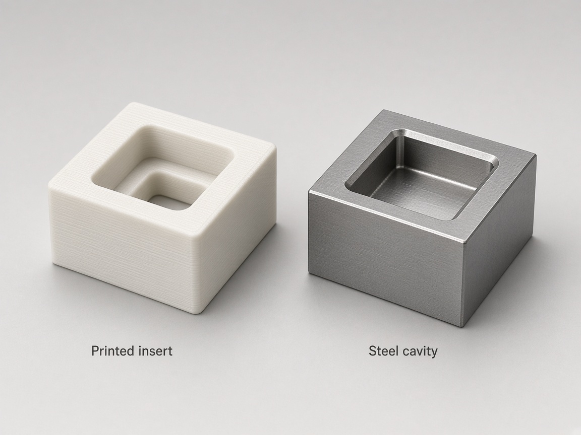 3D printed mold insert vs hardened steel cavity side-by-side comparison for injection molding