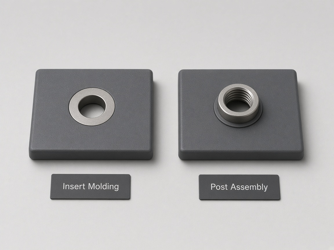 Metal insert seated in a molded plastic boss next to a post-install insert path