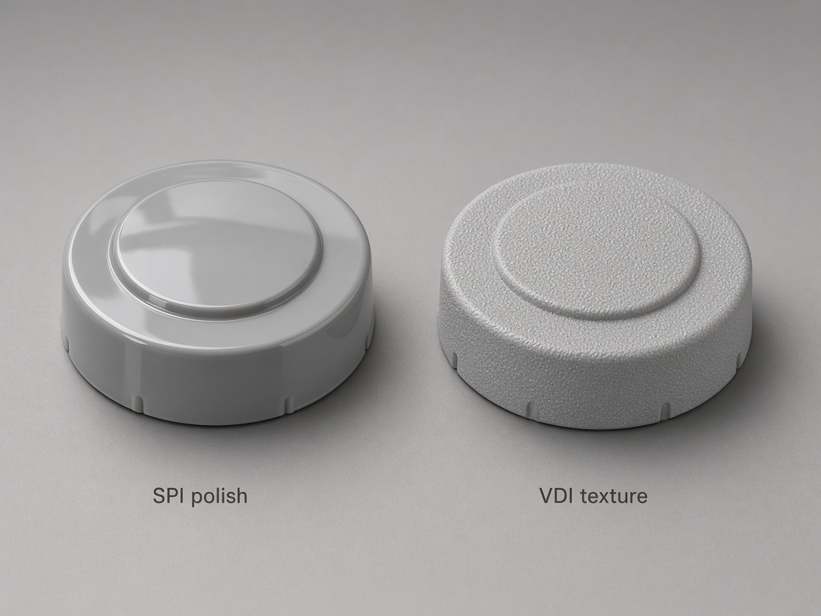 Same molded lid with a polished SPI face beside a textured VDI face
