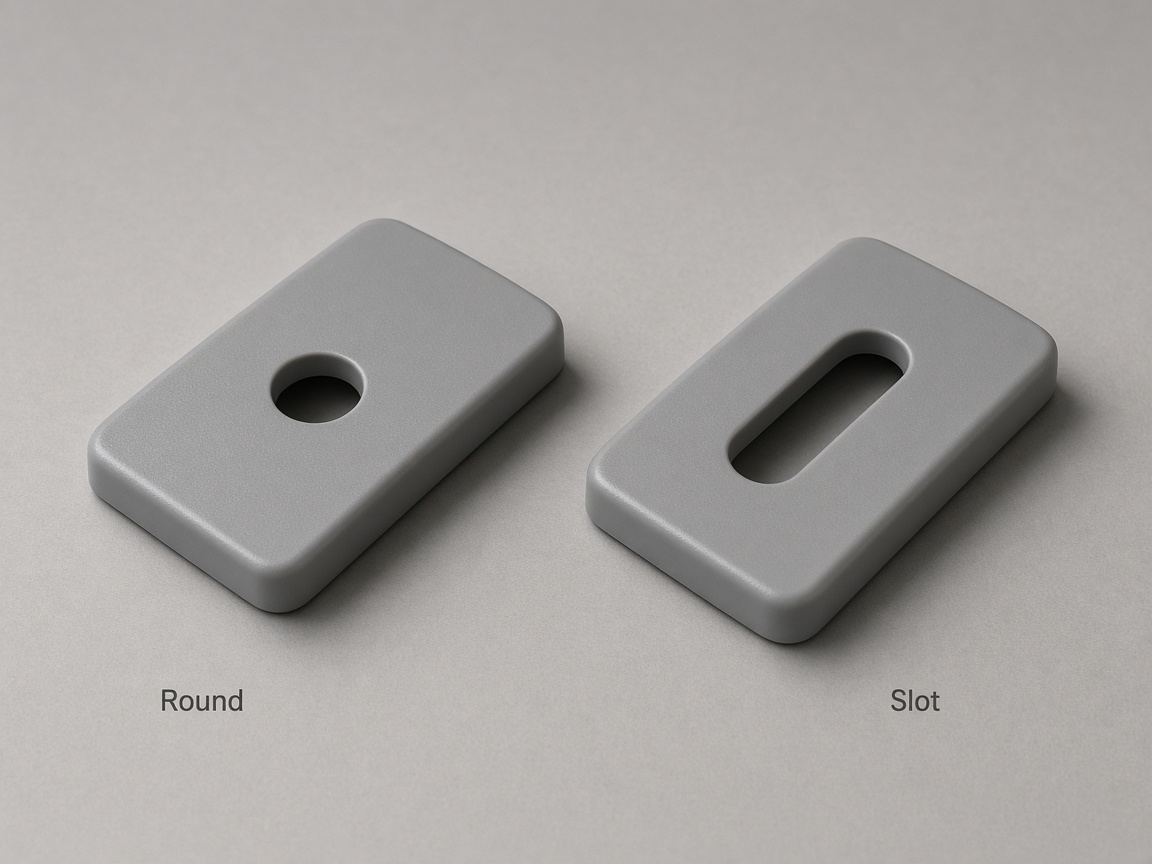 Two molded cover plates compared: one with a round hole, the other with a slot