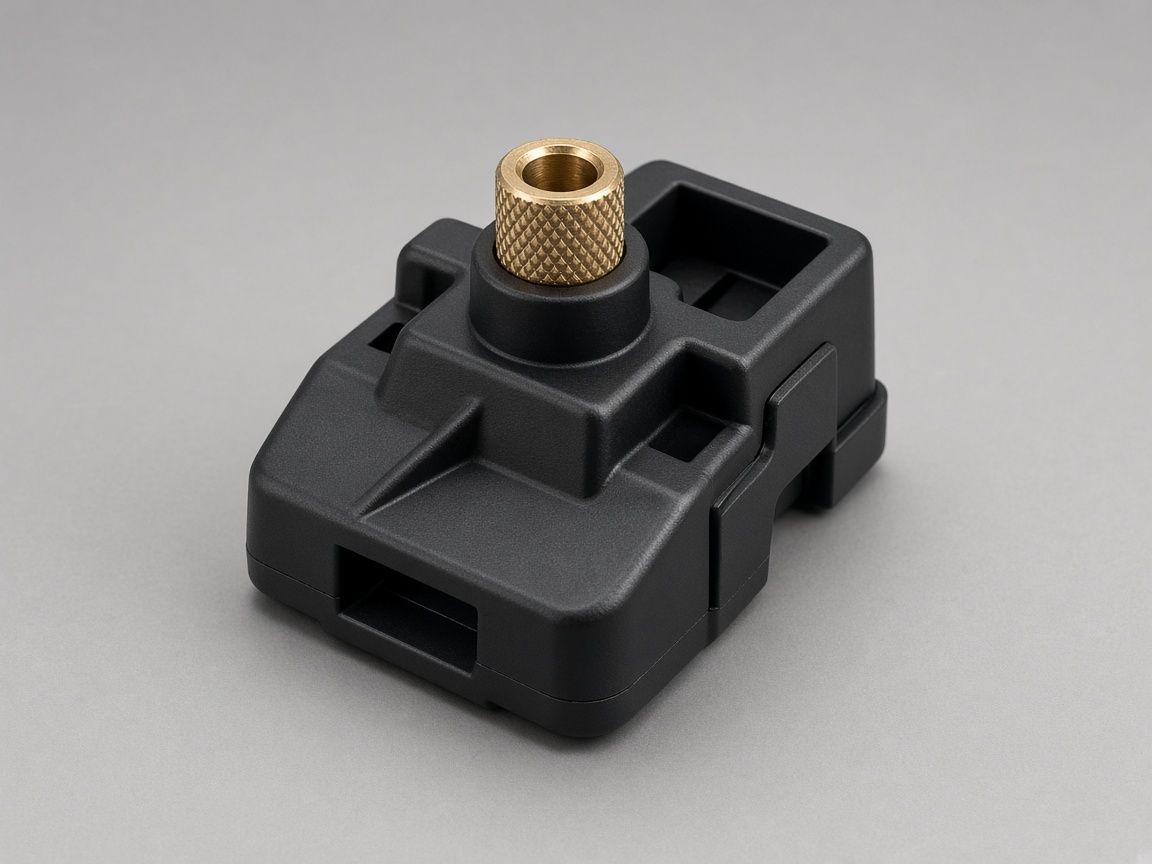 Brass threaded insert standing proud of a black injection molded housing boss with the OD knurl visible for retention