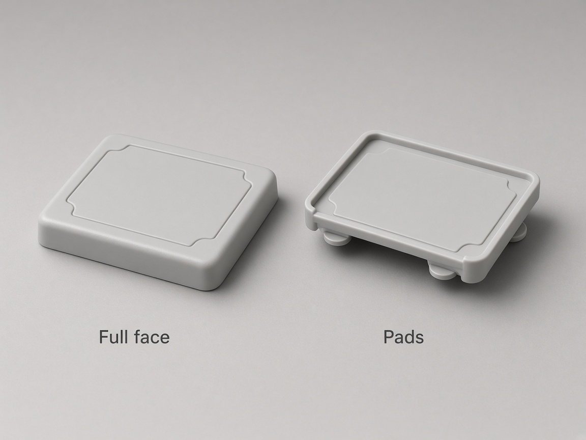 Two molded lids compared: one rests on a full flat face, the other on discrete pads