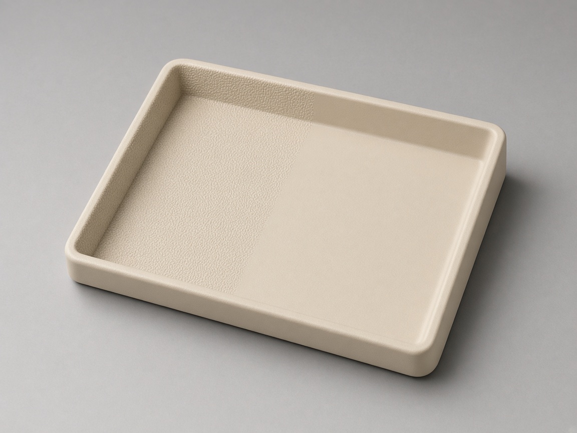 Beige injection molded tray with pebble texture on one half and a smoother satin face on the other: mixed finish example