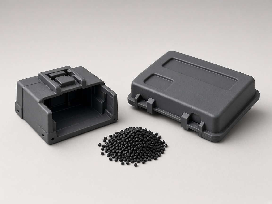 Molded in inserts example: black EMI connector housing and gray enclosure lid
