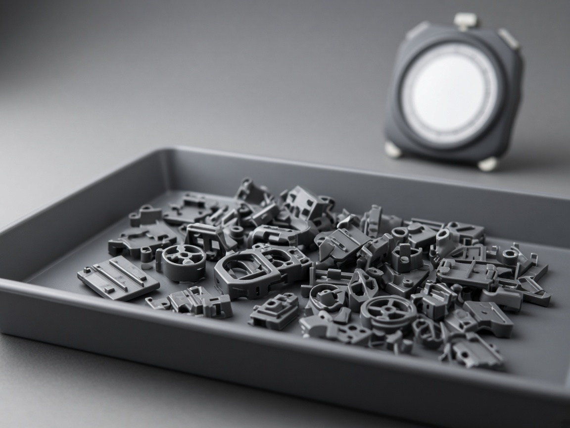 Molded housing illustrating fill, pack, cool, and eject in one injection molding cycle.