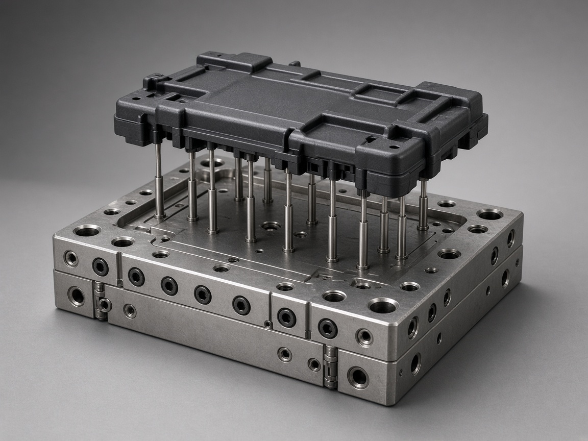 Ejector pins pushing cooled injection molded part off core steel after shrink-fit release