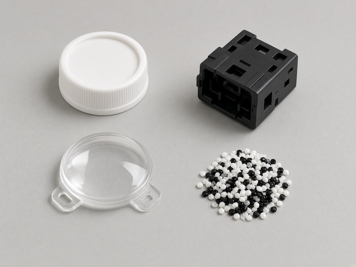 Precision micro and small-part molded examples: connector, lens, cap with resin pellets