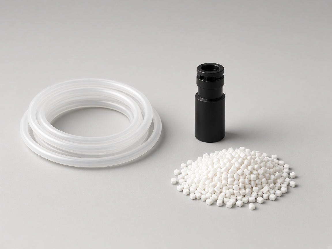Translucent pneumatic tube, a black straight fitting, and white resin pellets