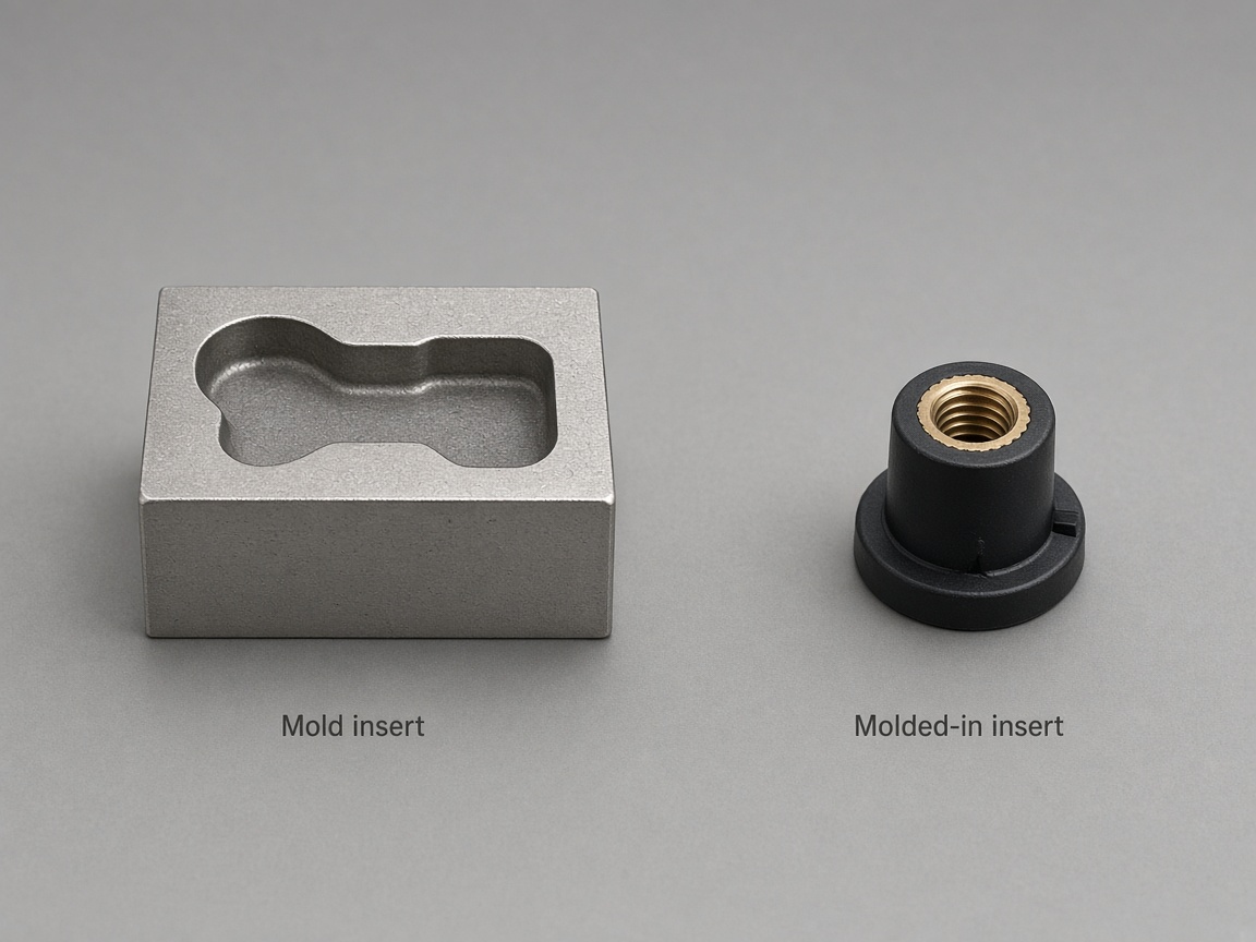 Steel mold cavity beside a black injection molded boss with a brass molded-in insert