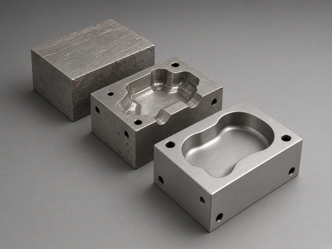 Rough steel blank, rough housing cavity, and polished housing cavity for injection mold manufacturing