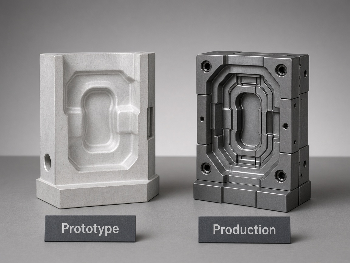Hardened steel production mold shown next to a comparison tool on a gray studio table