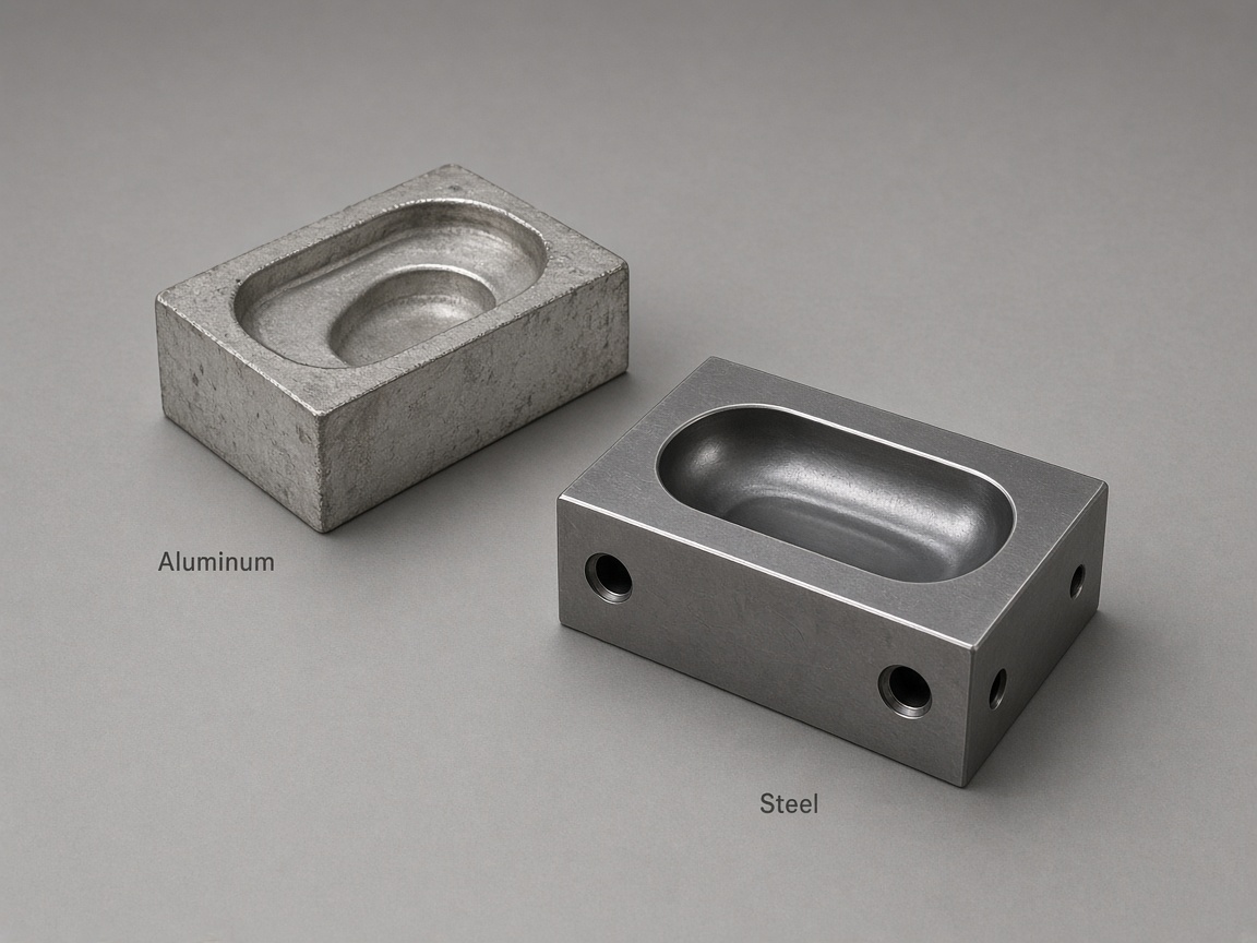 Soft tooling vs hardened steel: worn aluminum cavity compared with polished hardened steel mold cavity
