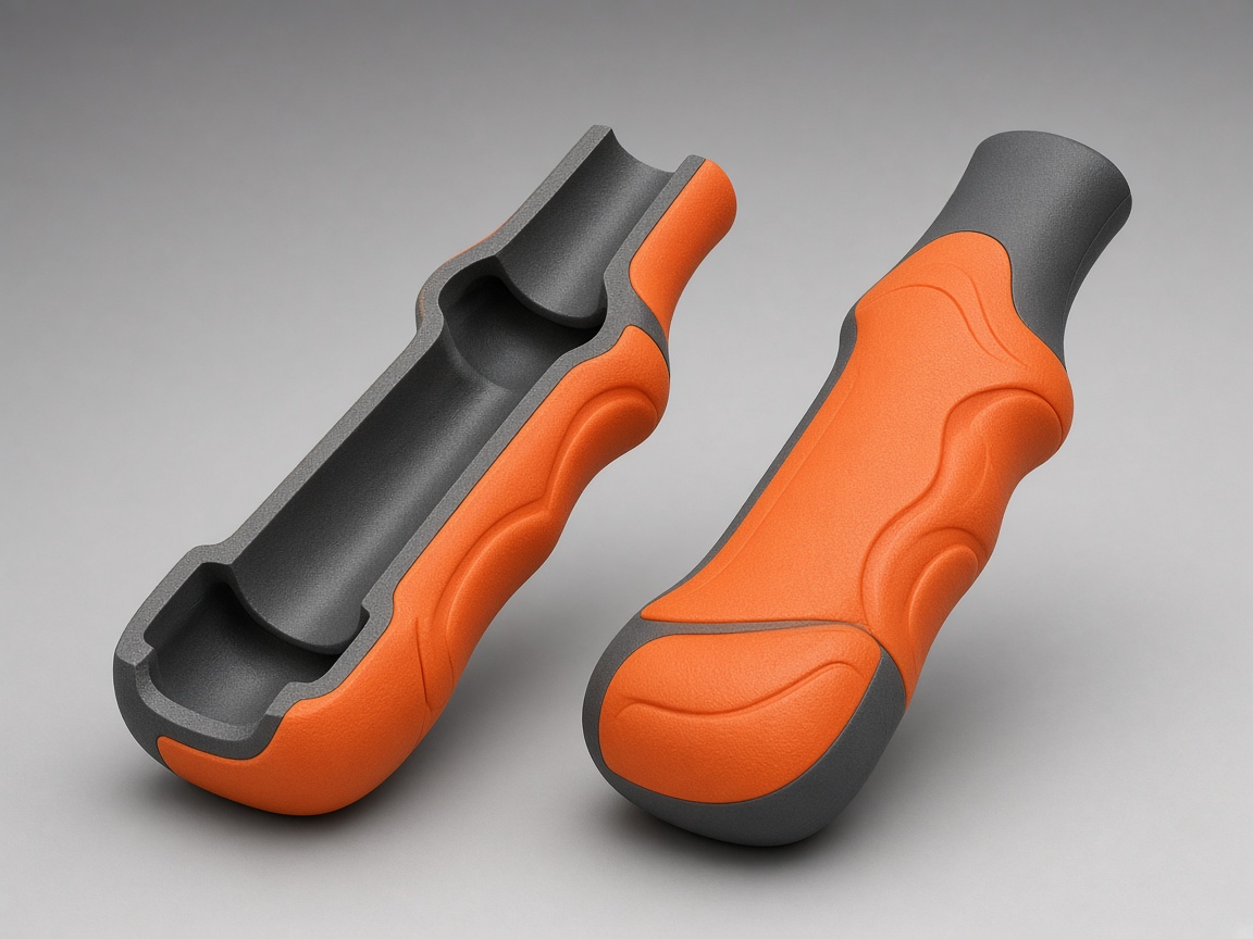 Two-shot handle cutaway with an orange TPE grip over a rigid core